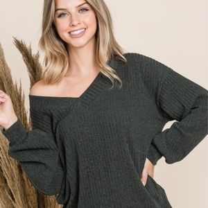 Comfy Navy Waffle Knit V Neck Fall Sweater
